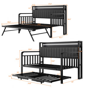 Metal Daybed with Trundle, LED Headboard & Charging Station