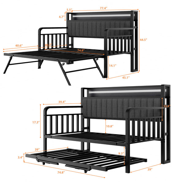 Metal Daybed with Trundle, LED Headboard & Charging Station