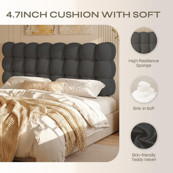 Queen Upholstered Headboard – Cloud-Shaped, Adjustable Height, Teddy Fleece, Grey