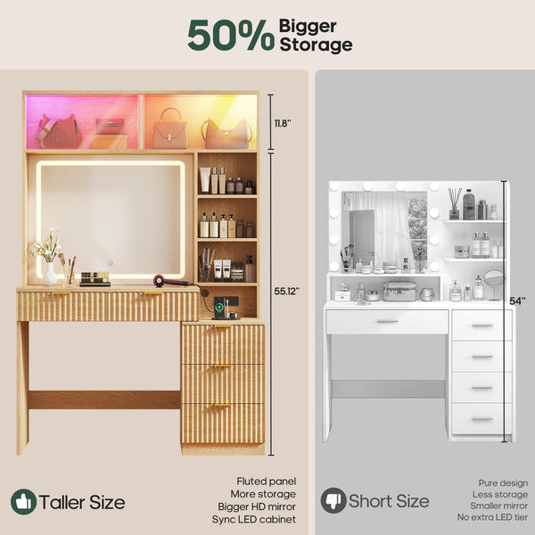 Fluted Vanity Desk with Mirror & LED Lights