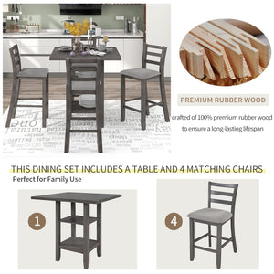 5-Piece Counter Height Dining Set with Storage Shelves and Padded Chairs