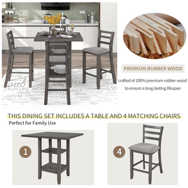5-Piece Counter Height Dining Set with Storage Shelves and Padded Chairs