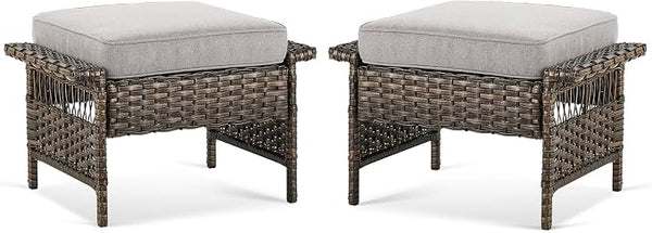 Patio Wicker Ottomans Set of 2 with Cushions