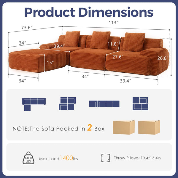 VK·LIVING 113" Cloud Sectional Couch, Deep Seat Boneless Sofa with Wide Armrests, Modular Plush Corduroy Memory Foam Couch for Living Room Office, No Assembly Needed, Orange