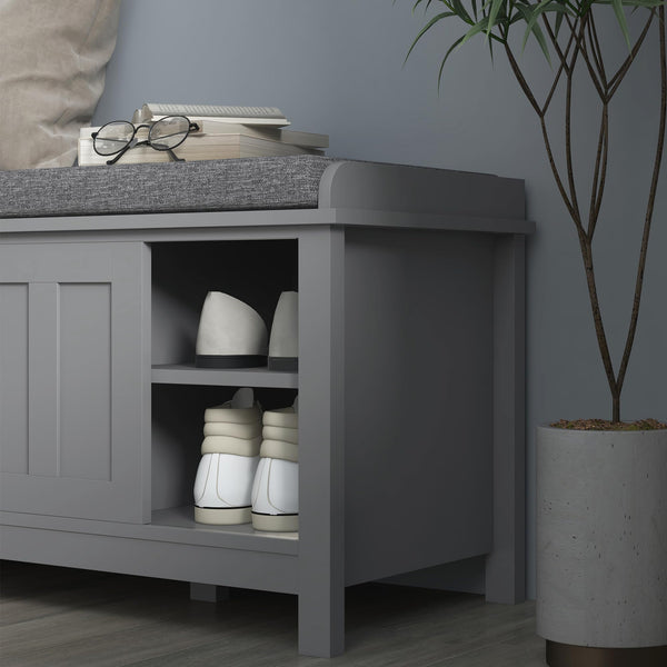 Entryway Shoe Storage Bench with Sliding Doors & Padded Seat