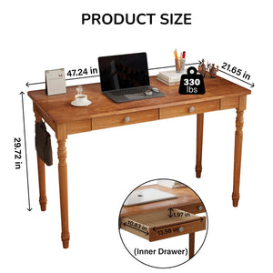 Solid Wood Writing Desk 48-Inch with 2 Drawers & Hooks