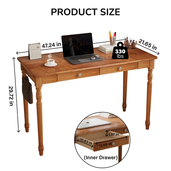 Solid Wood Writing Desk 48-Inch with 2 Drawers & Hooks