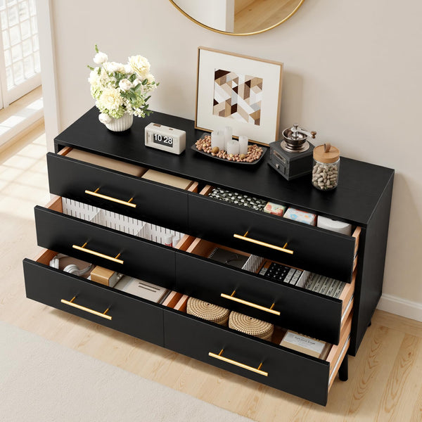 6-Drawer Dresser & 2-Drawer Nightstands Set – 3-Piece Bedroom Set, Black