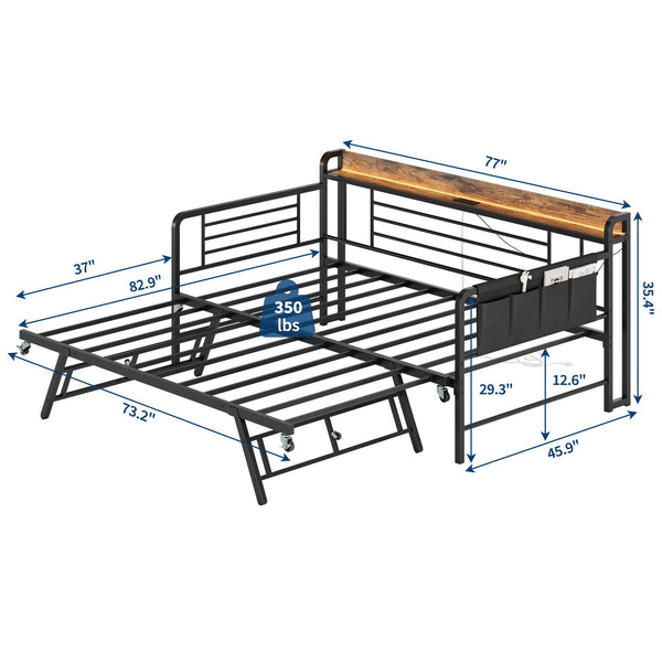 Twin Daybed with Pop-Up Trundle, RGB LED Headboard & Charging Station