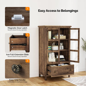 Glass Door Storage Cabinet with Drawer and Wood Legs