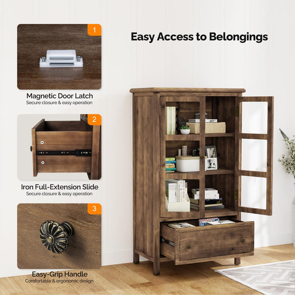 Glass Door Storage Cabinet with Drawer and Wood Legs