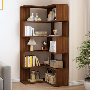 6-Tier L-Shaped Corner Bookshelf, 66" Tall