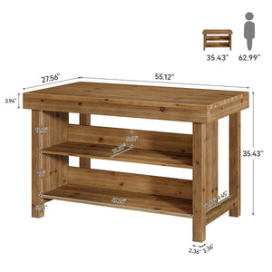 Solid Wood Kitchen Island with 3-Tier Open Shelves, 55 Inch Counter Height