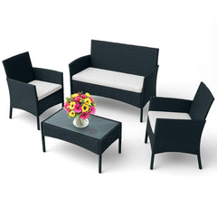4-Piece Wicker Patio Conversation Set with Cushions & Glass Coffee Table
