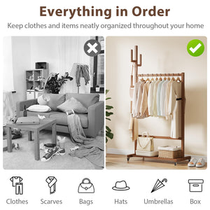 Solid Wood Rolling Clothing Rack with Cactus Hooks
