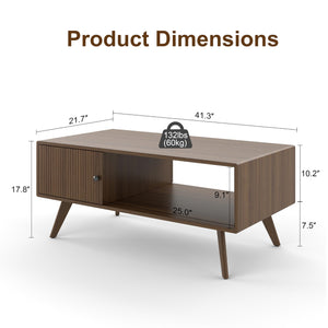 Manora Mid Century Modern Coffee Table with Storage Cabinet and Open Shelf, Wooden Living Room Table with Fluted Drawer and Solid Wood Legs, Walnut Finish Center Table for Small Spaces