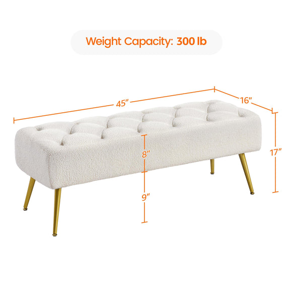 Boucle Ottoman Bench with Gold Metal Legs