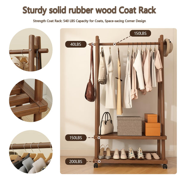 Freestanding Wooden Clothing Rack with Wheels