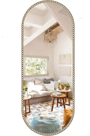 Oval Full Length Wall Mirror with Gold Metal Beaded Frame