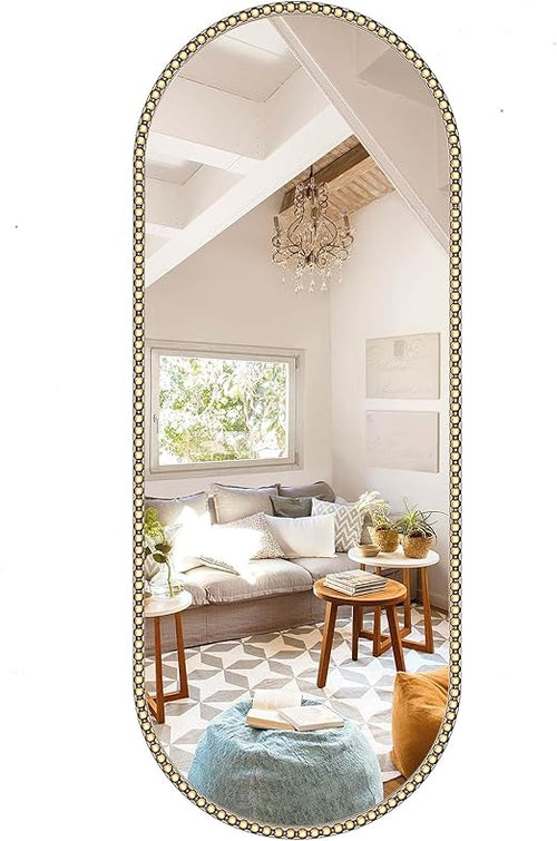 Oval Full Length Wall Mirror with Gold Metal Beaded Frame