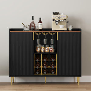 Wine Bar Cabinet with Fluted Panels, Wine Rack & Glass Holder