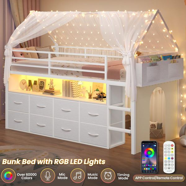 Twin Size Kids Loft Bed with Storage Drawers & LED Lights