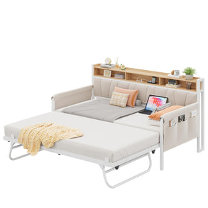 Twin Daybed with Trundle, Upholstered Storage Headboard & Charging Station