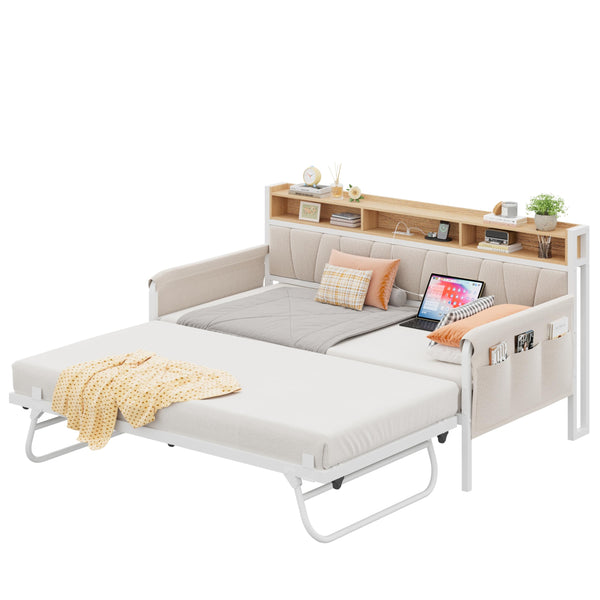 Twin Daybed with Trundle, Upholstered Storage Headboard & Charging Station