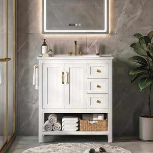 30-Inch Bathroom Vanity with Sink, Towel Holder & 3 Drawers – White
