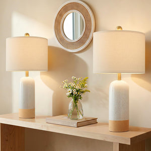 PoKat 24'' White Ceramic Table Lamps Set of 2, Farmhouse Bedside Lamps for Bedroom, Modern Nightstand Lamps for Living Room, Boho Rustic Table Lamps for Office Entryway Hallway, White & Earthy Yellow
