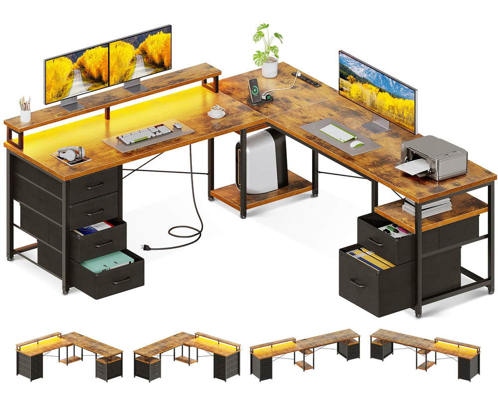 66" L-Shaped Computer Desk with File Cabinet, LED Lights & Power Outlet