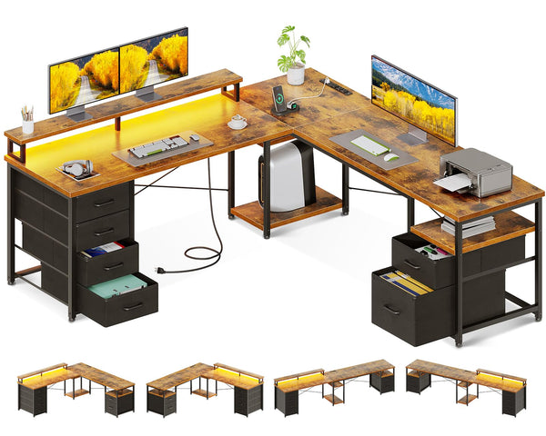 66" L-Shaped Computer Desk with File Cabinet, LED Lights & Power Outlet