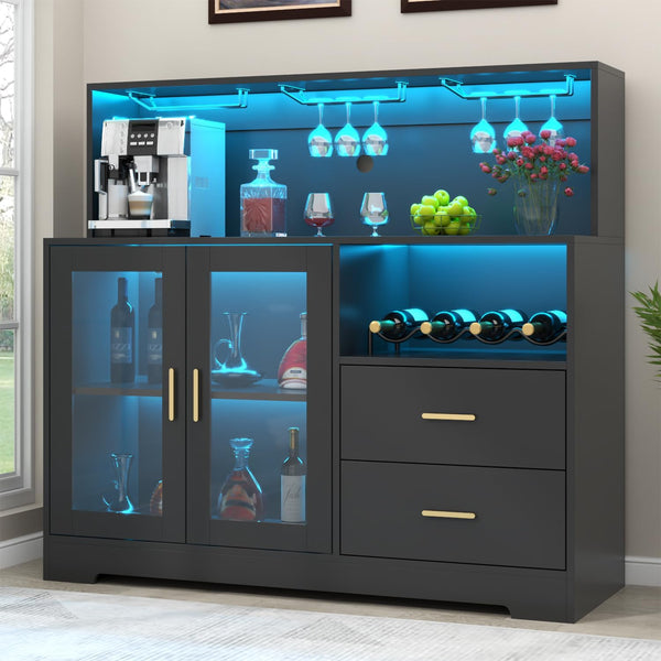 Wine Bar Cabinet with LED Light & Glass Doors