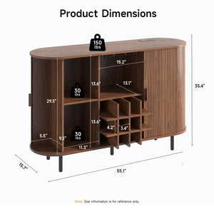55-Inch Fluted Wine Bar Cabinet with LED Lighting & Charging Station