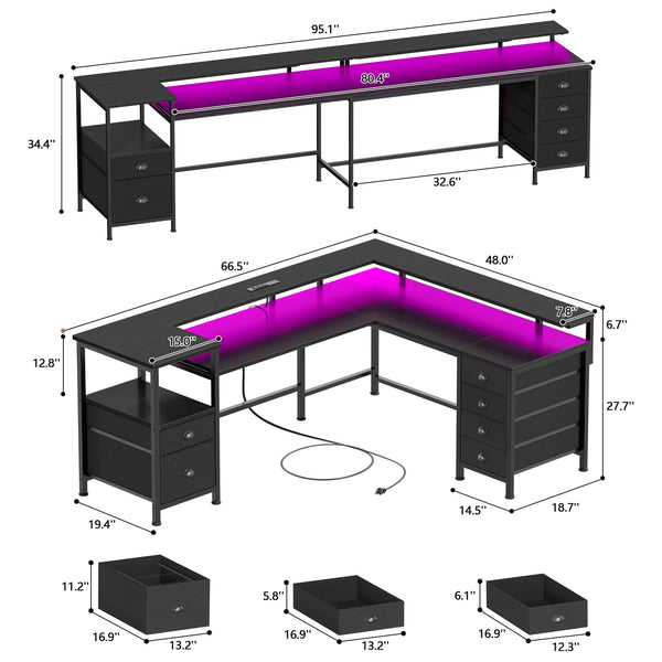 L-Shaped Gaming Desk with 6 Drawers, Monitor Stand & Power Outlets