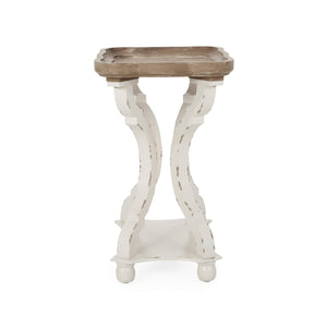 French Country Accent End Table – Hourglass Base, Distressed White & Natural