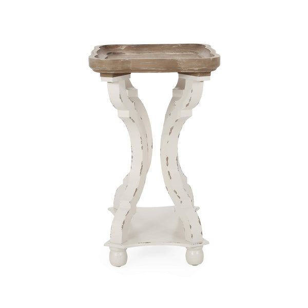 French Country Accent End Table – Hourglass Base, Distressed White & Natural