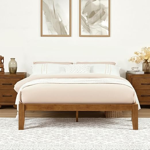 Japandi Solid Wood Platform Bed Frame with Optional Headboard