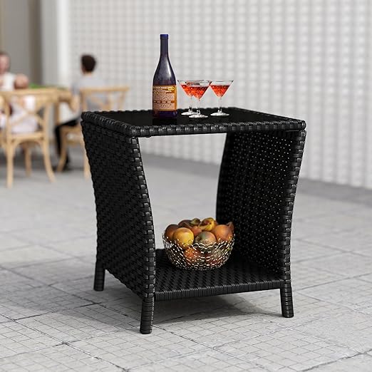 Outdoor Wicker Side Table Set of 2 with Tempered Glass Top & Storage Shelf
