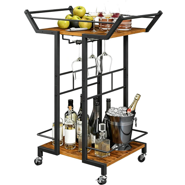3-Tier Bar Cart with Wine Glass Rack & Wheels