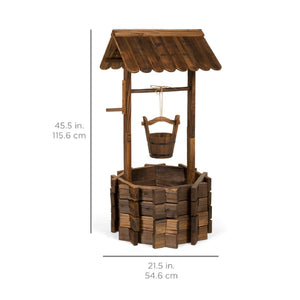Rustic Wooden Wishing Well Planter with Hanging Bucket