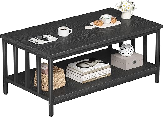 2-Tier Farmhouse Coffee Table with Slatted Sides & Metal Frame
