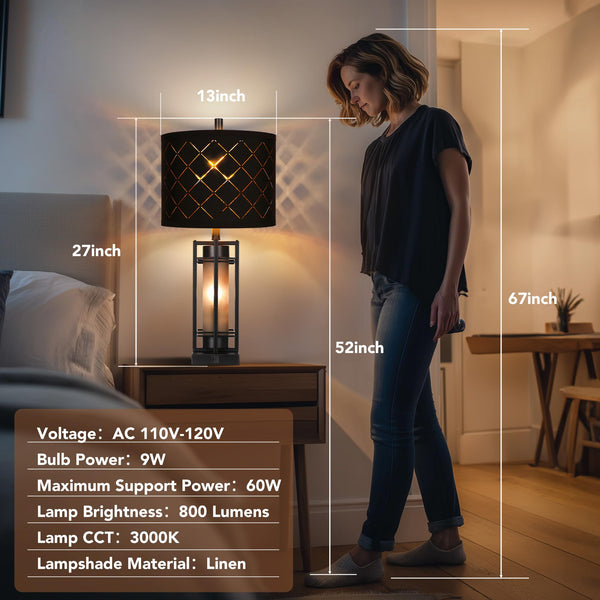 Modern Table Lamp Set of 2 with USB Charging & Black Grid Shade
