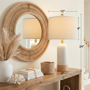 PoKat 24'' White Ceramic Table Lamps Set of 2, Farmhouse Bedside Lamps for Bedroom, Modern Nightstand Lamps for Living Room, Boho Rustic Table Lamps for Office Entryway Hallway, White & Earthy Yellow