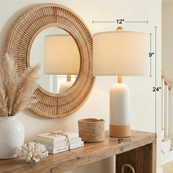 PoKat 24'' White Ceramic Table Lamps Set of 2, Farmhouse Bedside Lamps for Bedroom, Modern Nightstand Lamps for Living Room, Boho Rustic Table Lamps for Office Entryway Hallway, White & Earthy Yellow