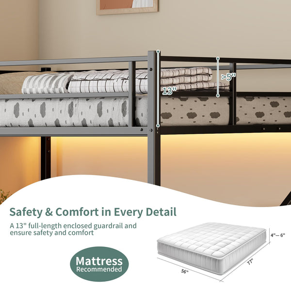 Full Size Metal Loft Bed with Desk, Storage & LED Light