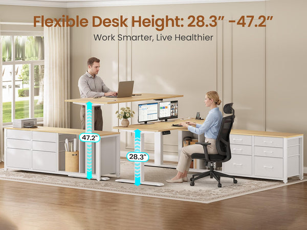 L-Shaped Electric Standing Desk with Drawers & Power Outlet