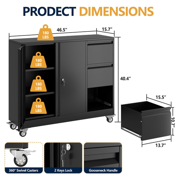 3-Drawer Lockable Metal File Cabinet with Wheels