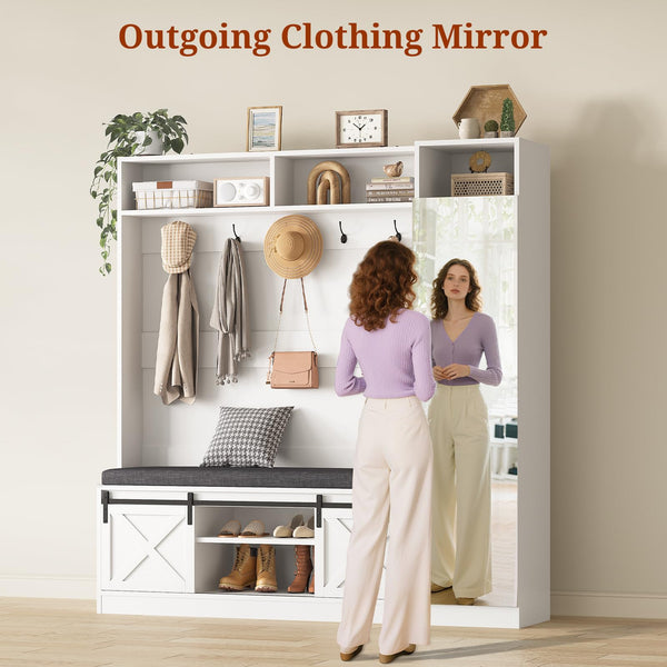 Hall Tree with Bench, Shoe Storage, Coat Rack & Mirror