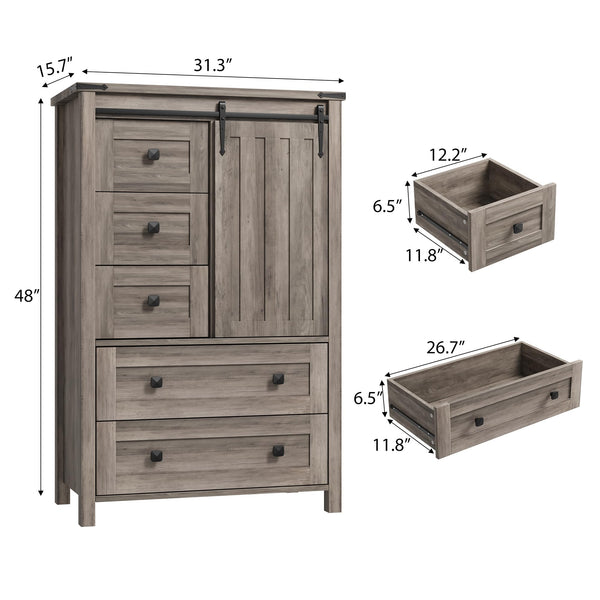 Farmhouse 5-Drawer Dresser with Sliding Barn Door